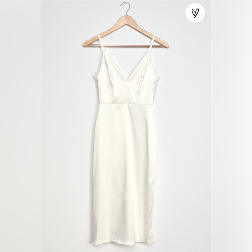 Stunning Sight White Embroidered Lace Satin Midi Dress - Picture 5 of 7